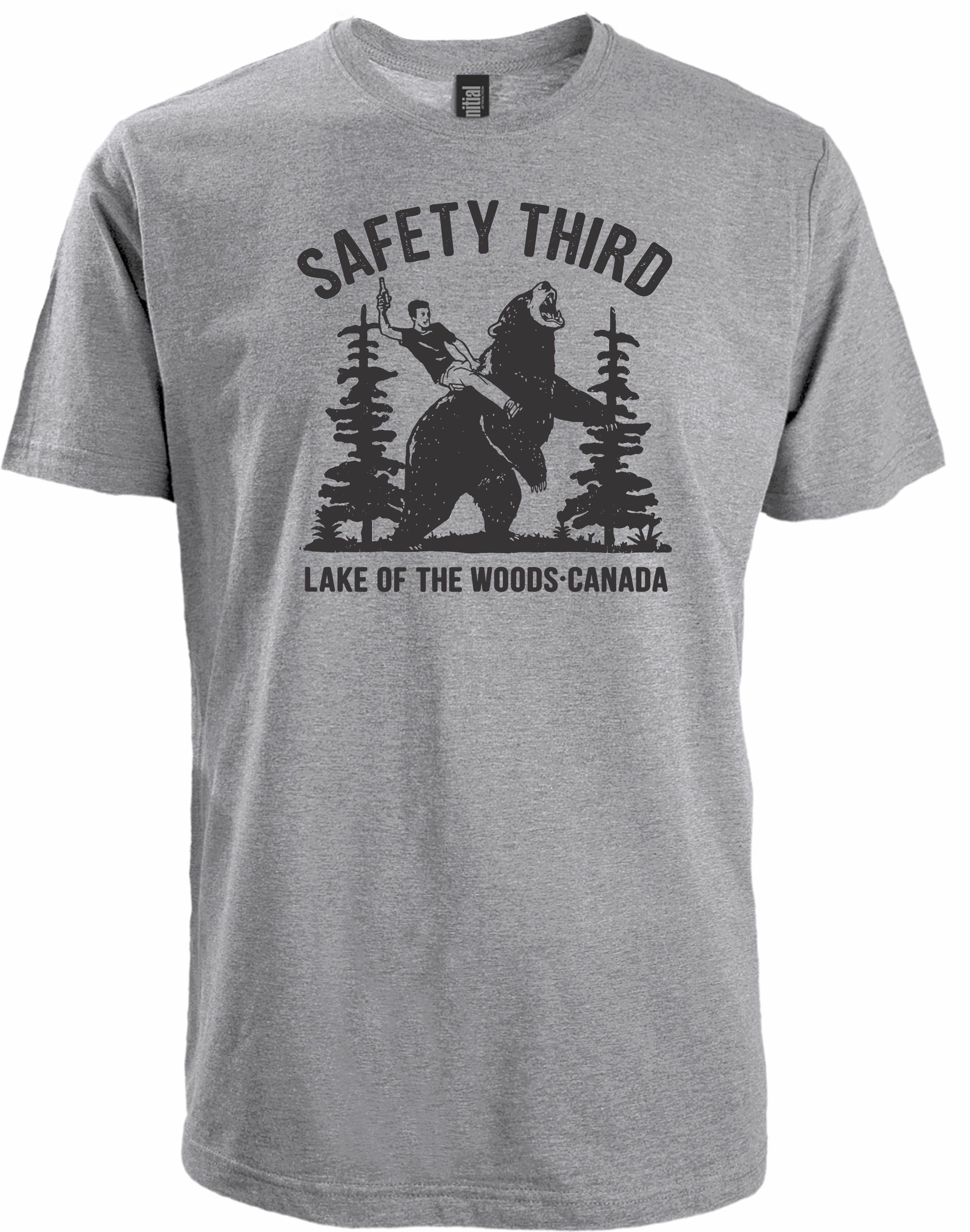 Grey T-Shirt of Man Riding a Bear with caption, "Safety Third."