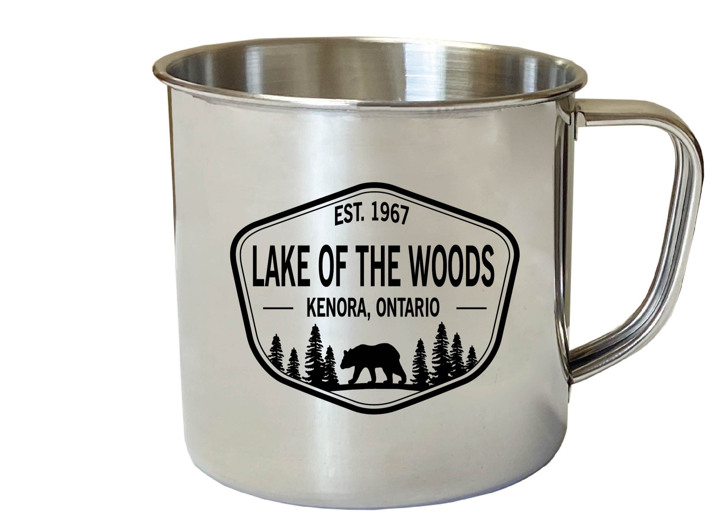 A stainless steel mug with a handle, featuring a printed logo 'Lake of the Woods Kenora, Ontario' with trees and a bear silhouette.