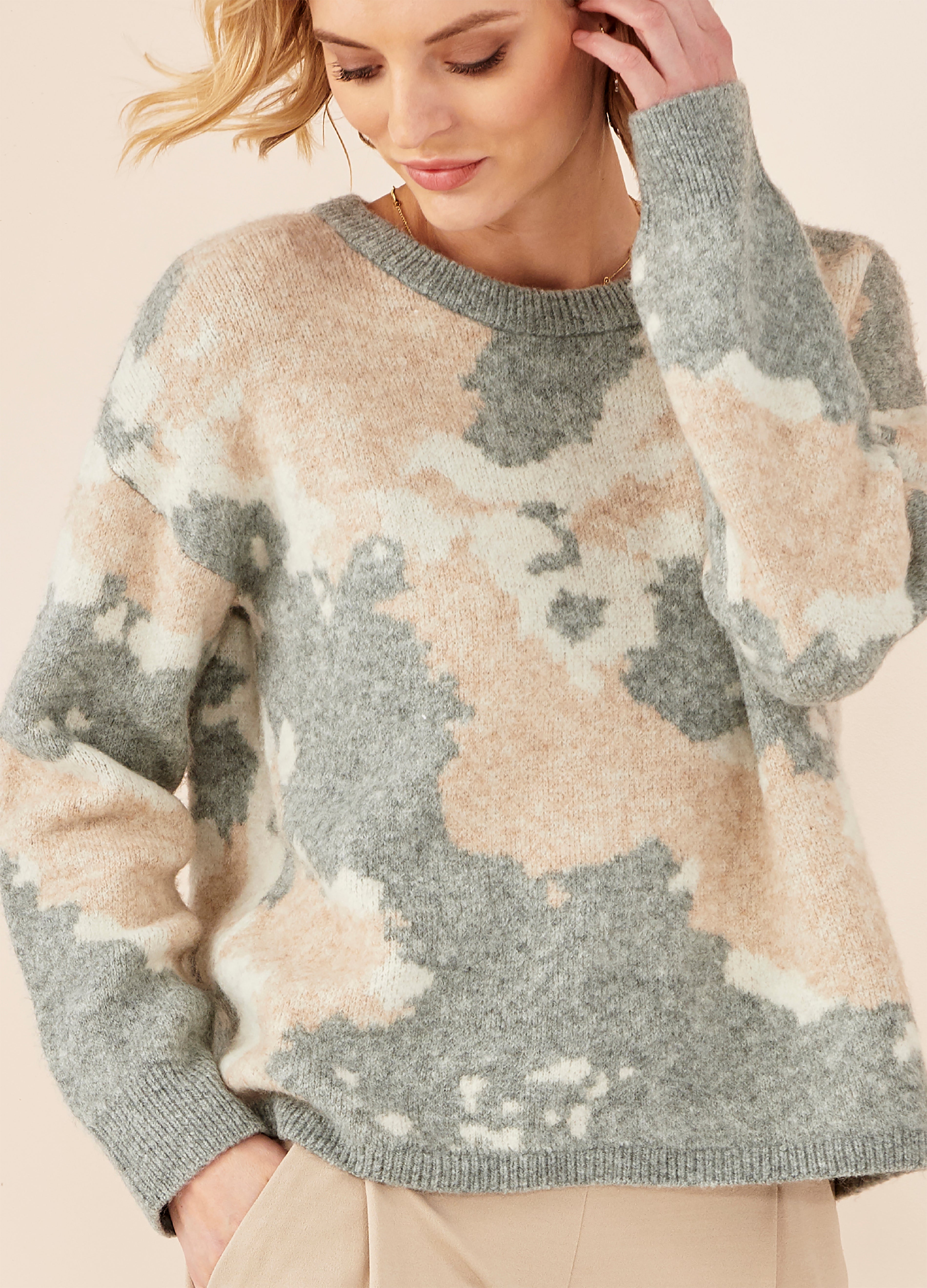 63% Acrylic, 14% Polyester, 14% Polyamide, 5% Wool, 4% Spandex Tan/Grey Camo Sweater