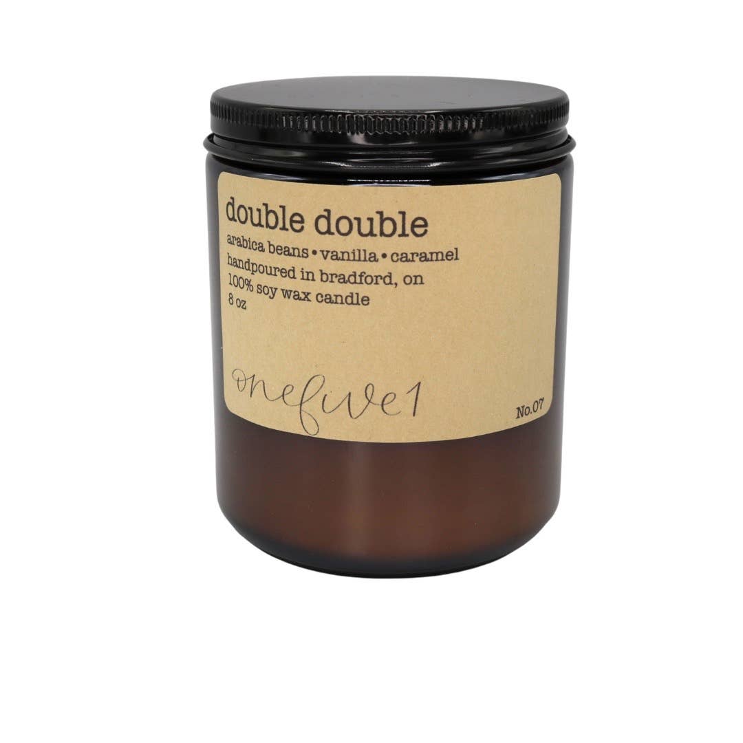Brown candle with a black lid and 'double double' label on a white background