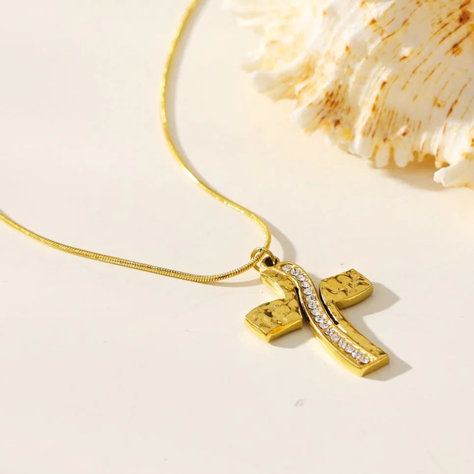 Zirconia Embedded Hammered Finish Cross Pendant on a Mini Snake Skin Textured Chain Arcassa Necklace
