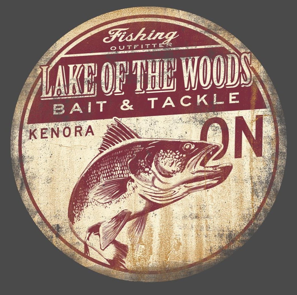 Front crest design on black shirt. Fishing Outfitters, Bait and Tackle, Lake of the Woods Ontario. A walleye fish.
