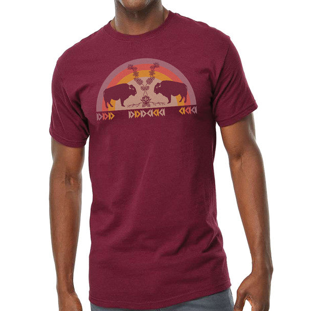 Maroon unisex crewneck t-shirt with a buffalo design by an Indigenous artist