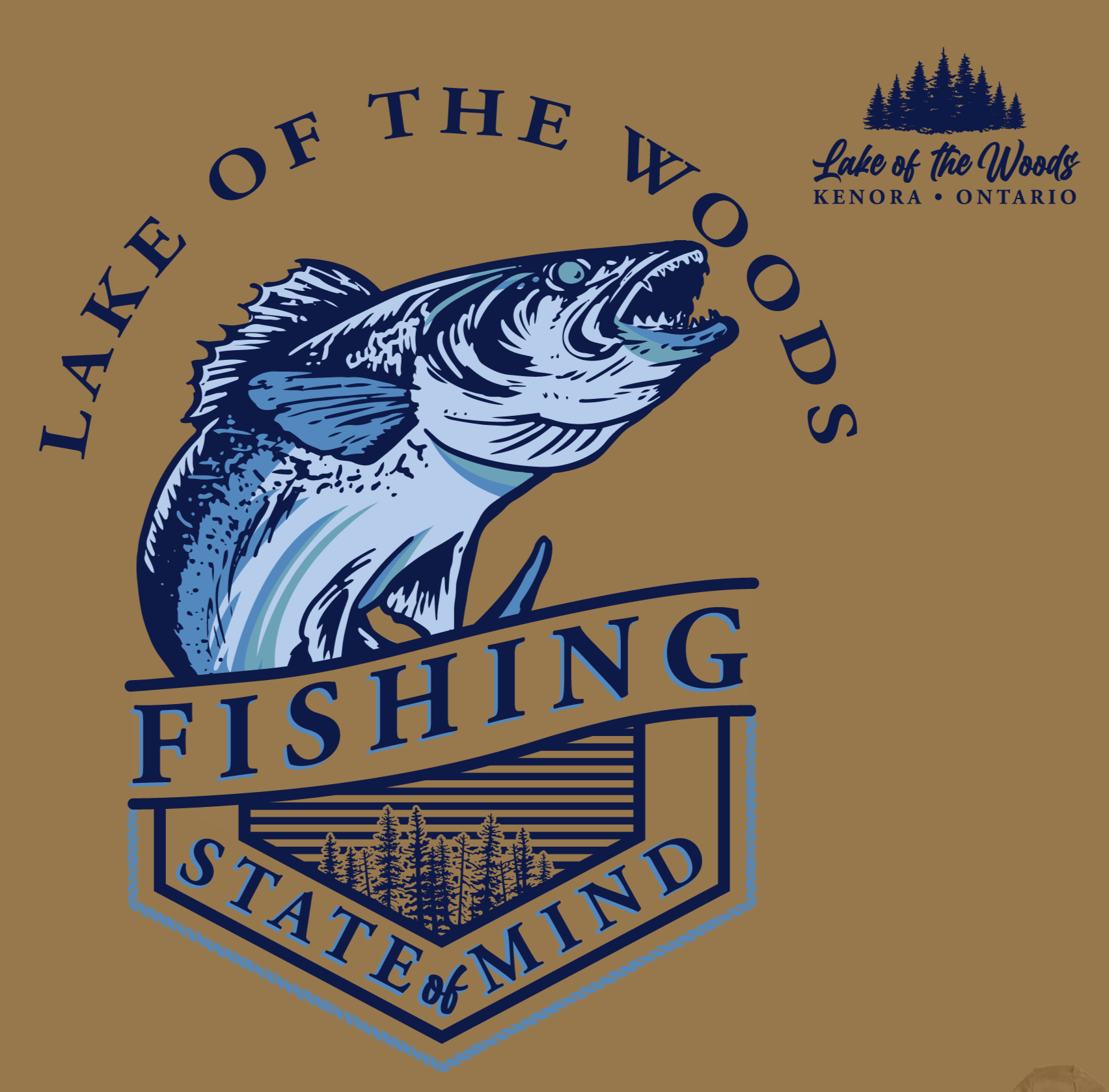 Walleye fish crest design. With text Fishing State of Mind and Lake of the Woods. Front Left chest design with a treeline and Kenora Ontario