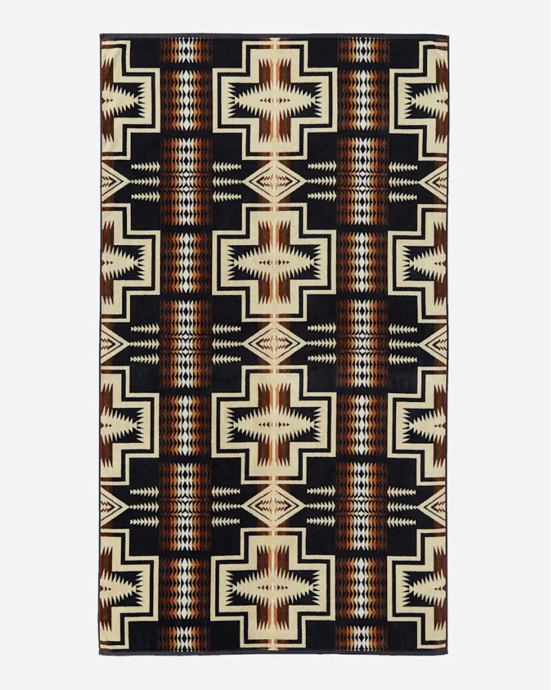 Pendleton's popular 1923 Harding pattern, in a supersized towel woven of thick cotton velour. Dark brown and oatmeal colors.