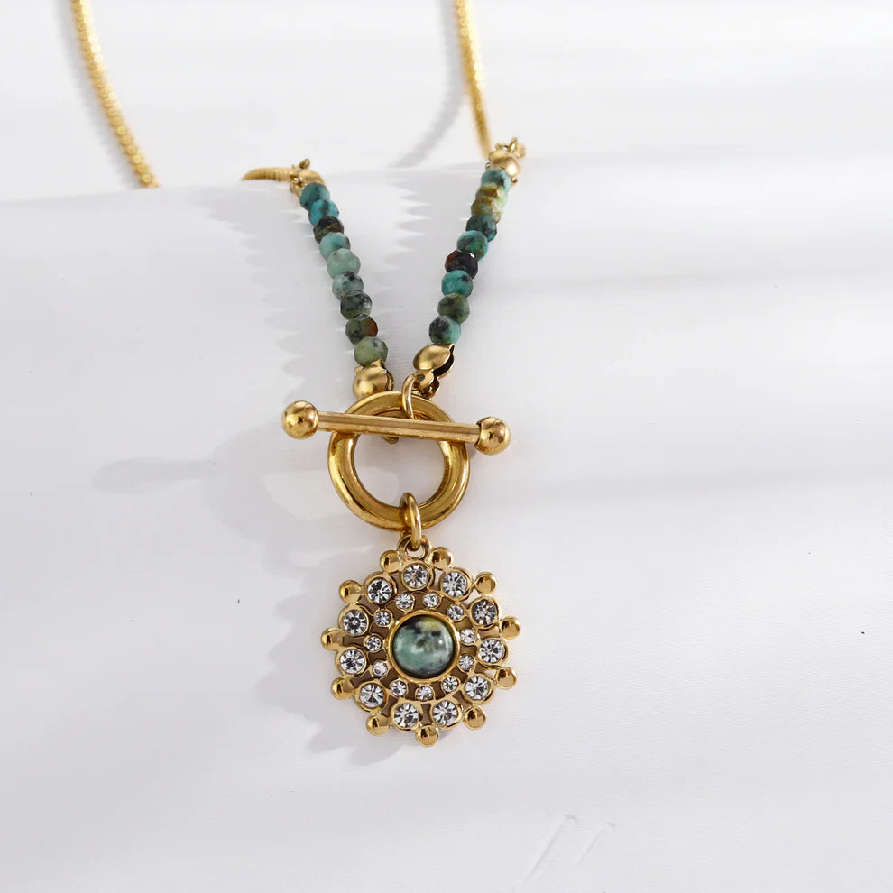 KASA Green and Gold Sun Necklace with Toggle Clasp