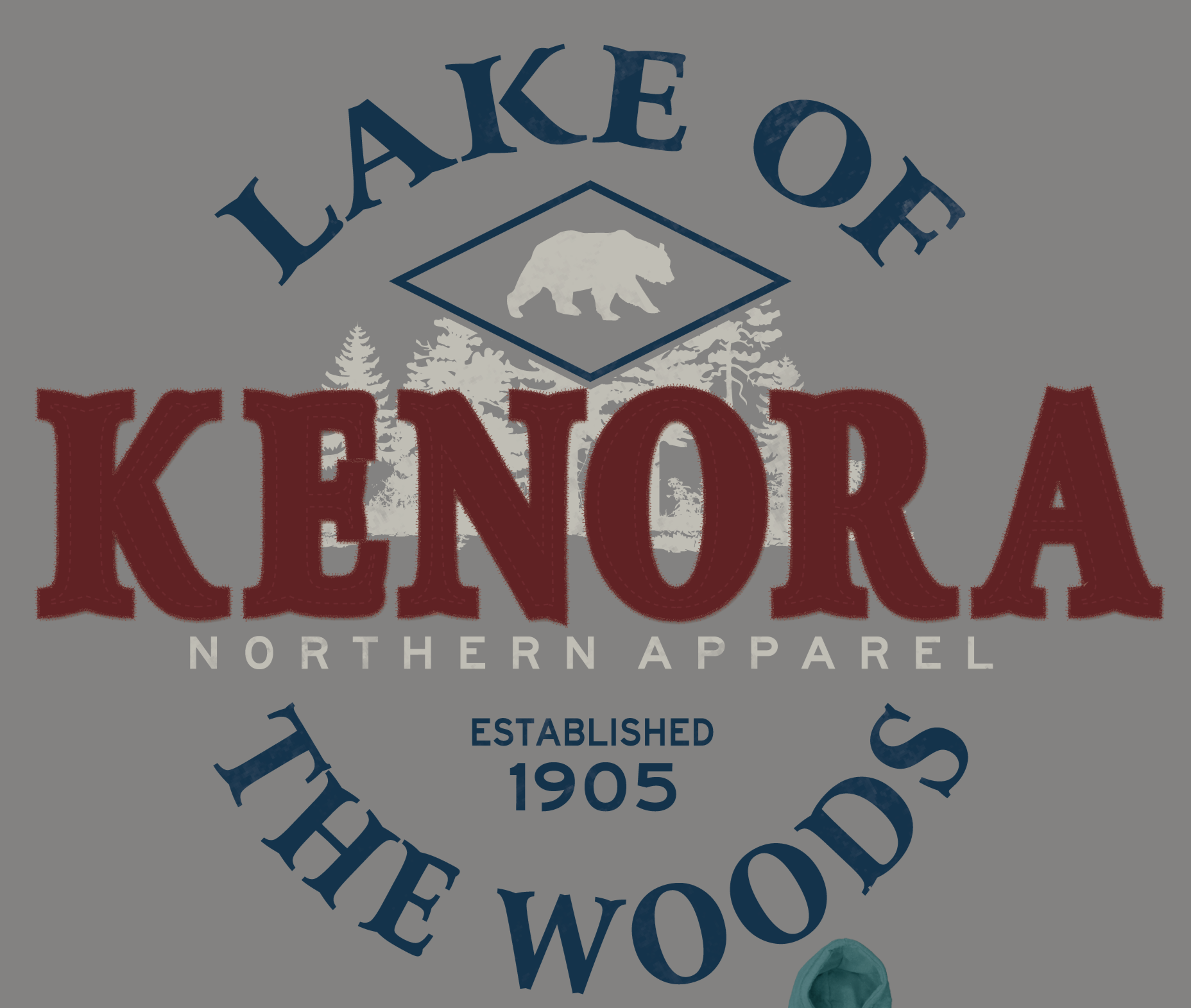 Red Kenora applique on a print of a bear and forest scene with Lake of the Woods surrounding the design. Classic look Kenora Souvenir Crew neck sweatshirt