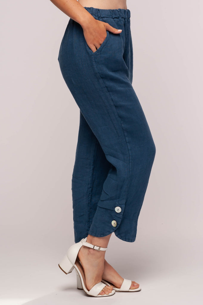 Ladies linen clothing for spring and summer featuring denim pants with elastic waist and buttoned cuff pant