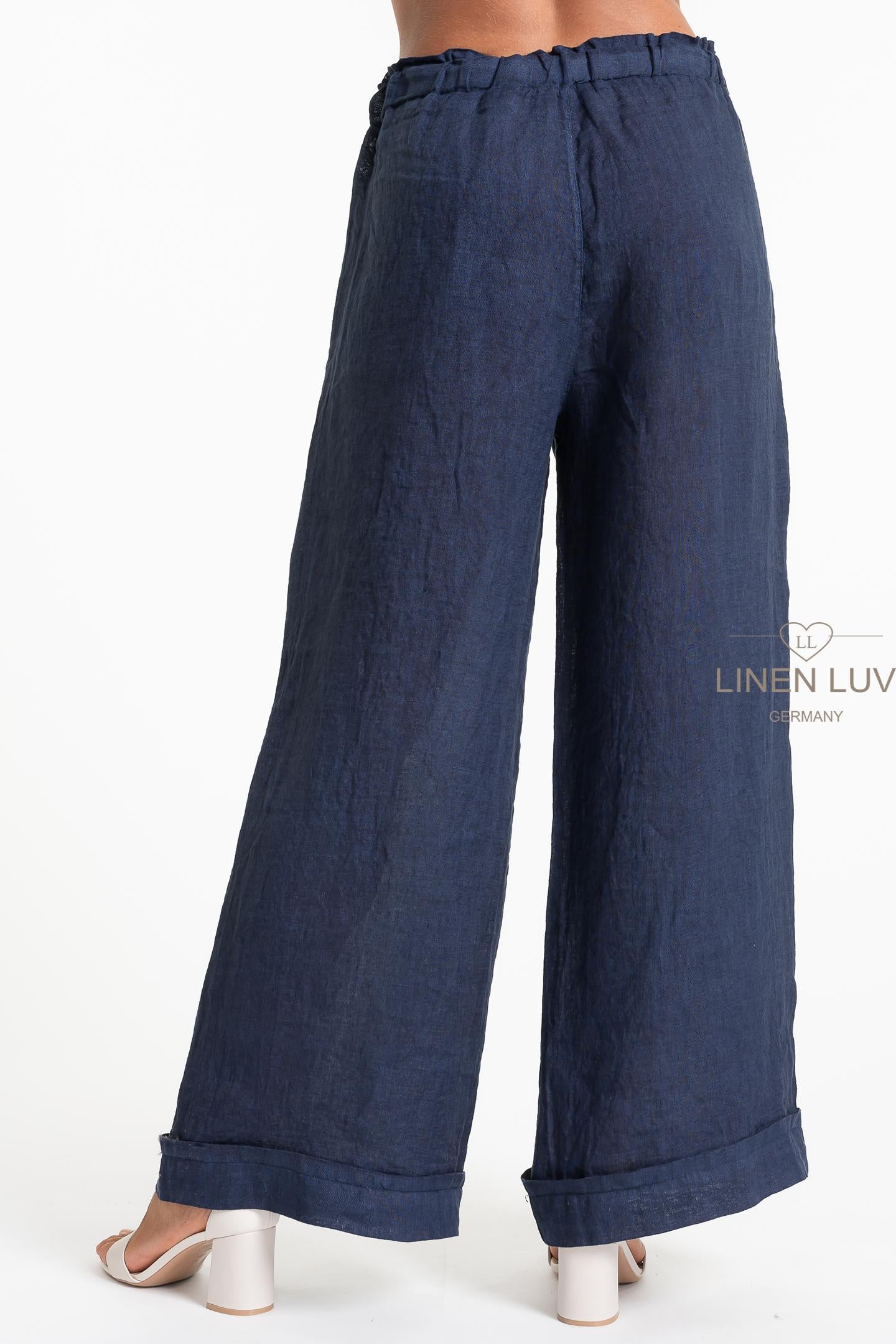 100% Linen Navy Coloured Wide-Leg Pant