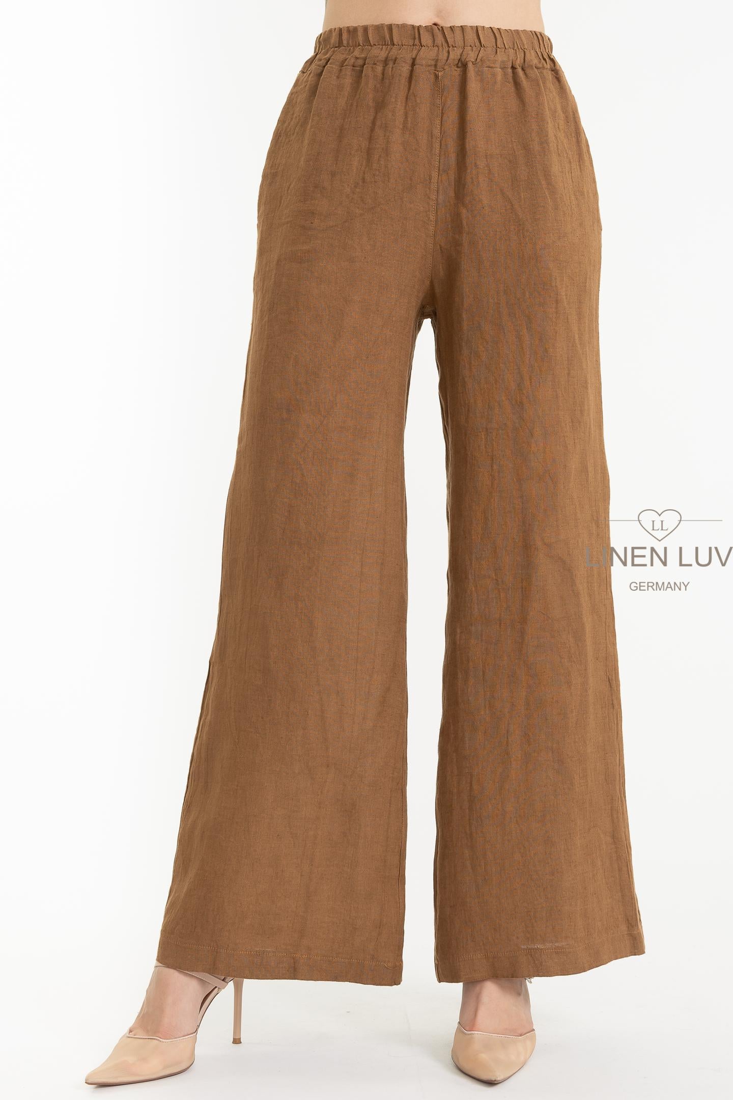 100% Linen Camel Coloured Wide-Leg Pant