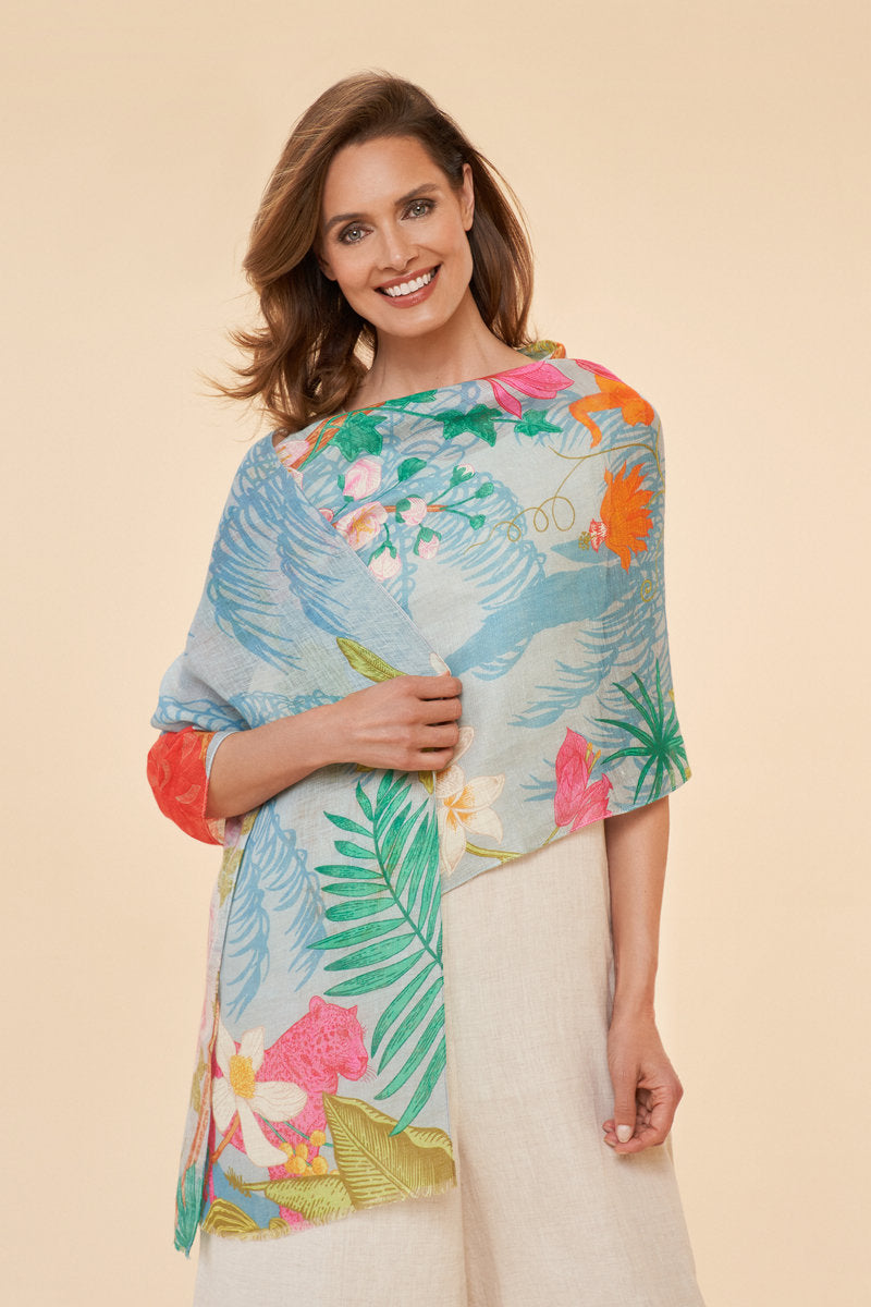 powder linen scarf women's accessories flora and fauna design blue summer