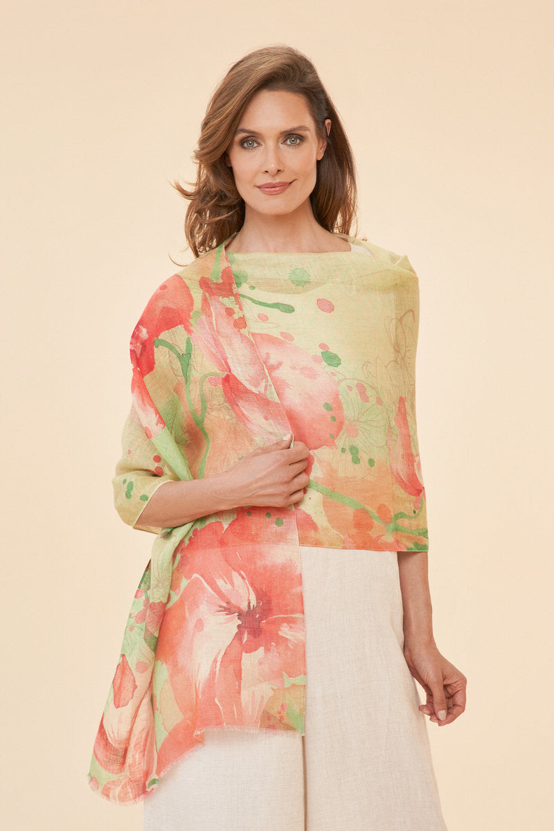 Powder linen scarf watercolor orchid design women's accessories summer florals yellow pink