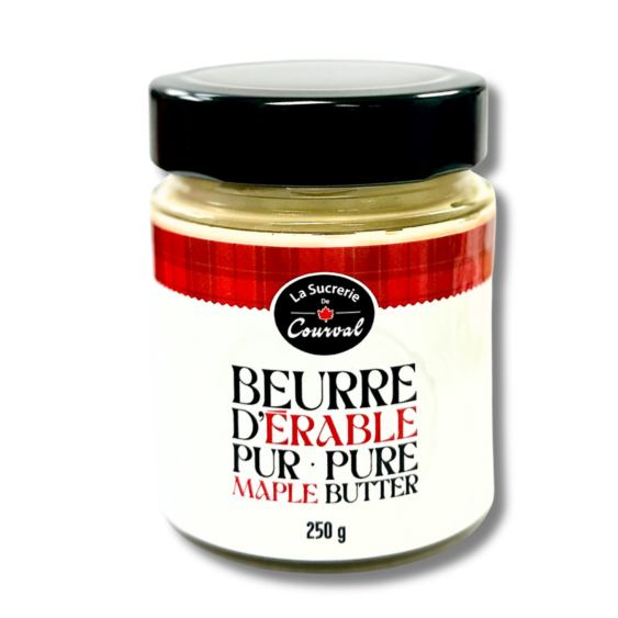 Indulge in the delicious, authentic taste of Canada with our small-batch, family-made Pure Maple Butter from La Sucrerie De Courval. Sourced from the finest maple trees, our 125g jar is the perfect souvenir and a must-have for any maple butter lover. Experience the rich flavor and quality of Canadian-made maple butter. Glass jar 125g