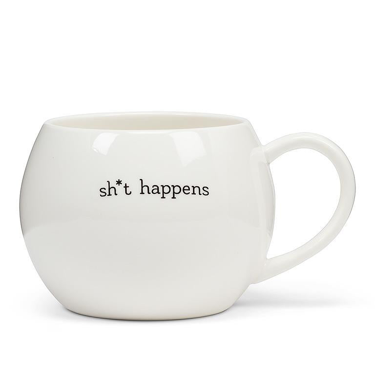 cute 16 oz ball mug made of stoneware with a cheeky message; Shit happens, coffee helps
