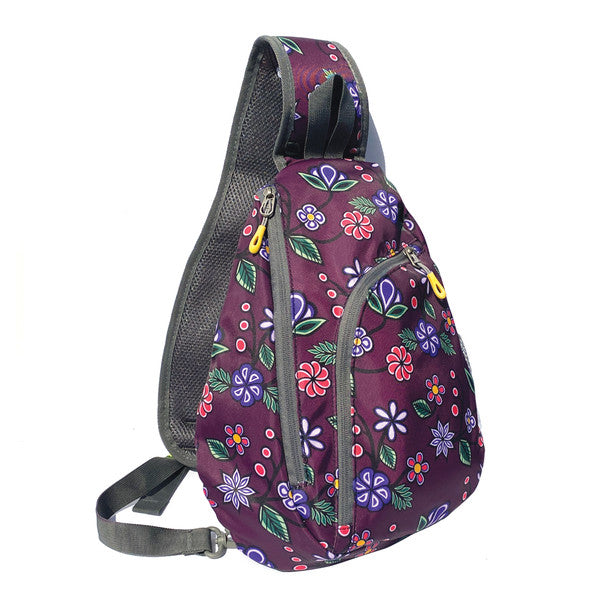 Ojibwe Floral Design Slingpack With Multiple Compartments And adjustable padded straps