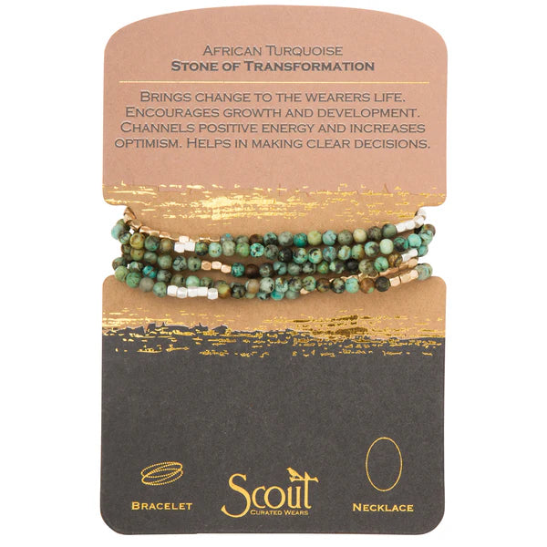 Tap into the energies of the earth. Semi precious gemstones adorn wrist & neckline. Effortlessly converts from bracelet to necklace. Can be wrapped 4-5 times as a bracelet and 1-2 times as a necklace.