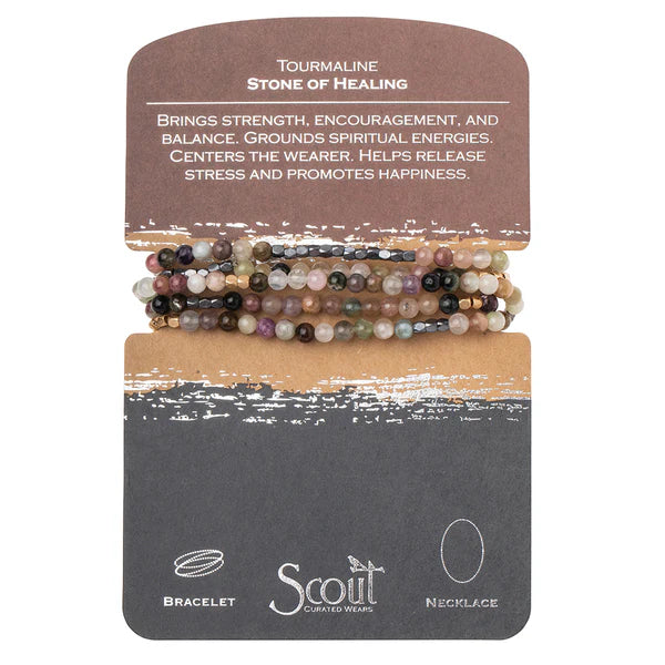 Tap into the energies of the earth. Semi precious gemstones adorn wrist & neckline. Effortlessly converts from bracelet to necklace. Can be wrapped 4-5 times as a bracelet and 1-2 times as a necklace.