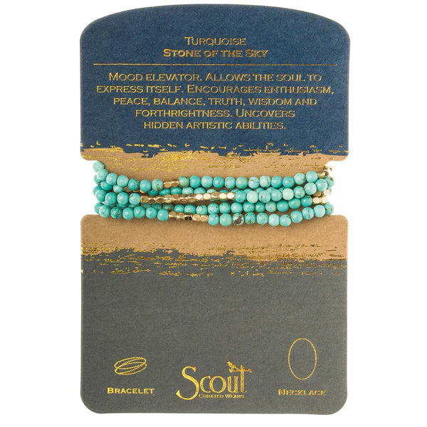 Tap into the energies of the earth. Semi precious gemstones adorn wrist & neckline. Effortlessly converts from bracelet to necklace. Can be wrapped 4-5 times as a bracelet and 1-2 times as a necklace.