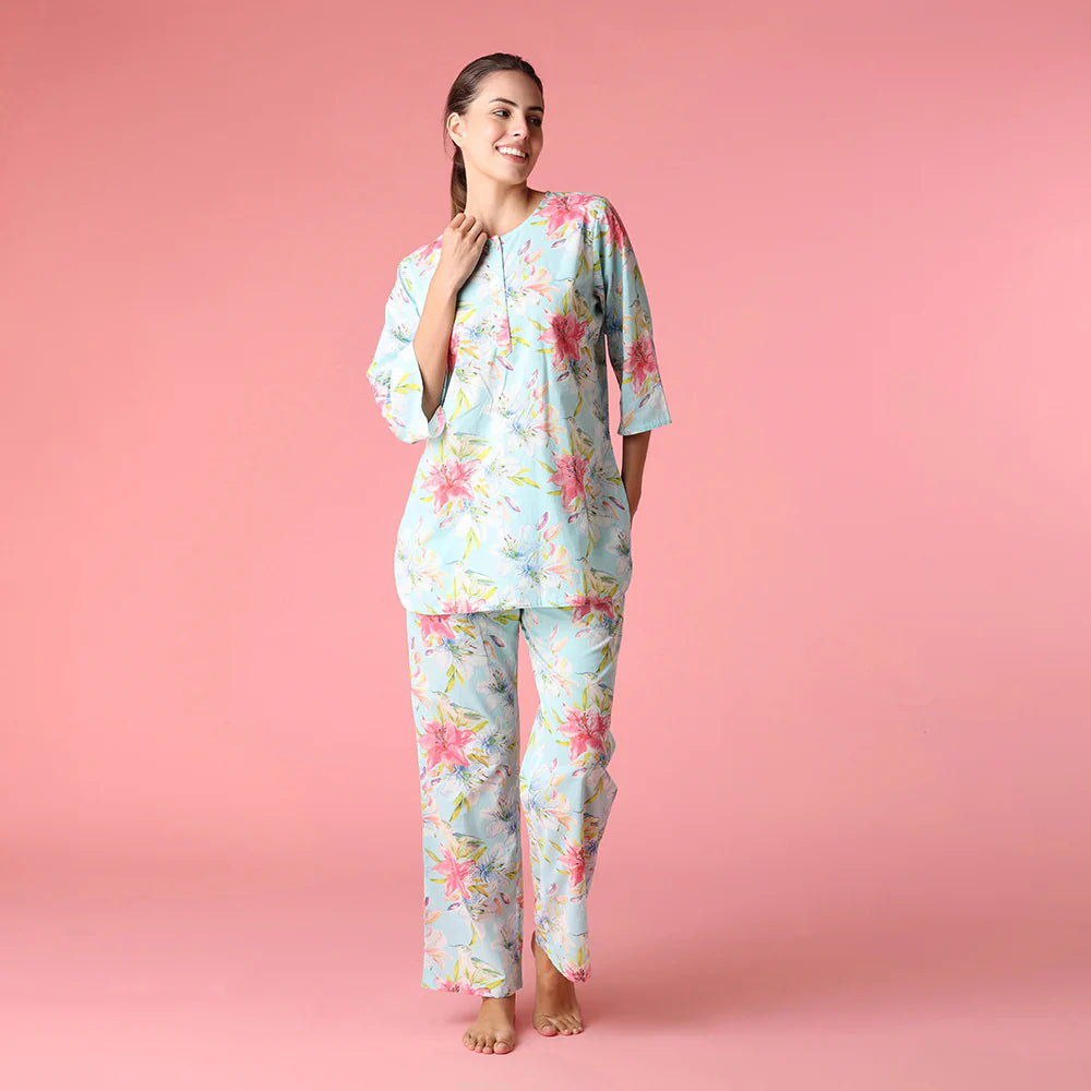 Summer Floral Blue Cotton Kurta PJ Set