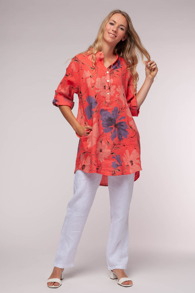 Ladies linen clothing for spring and summer featuring a patterned tunic shirt