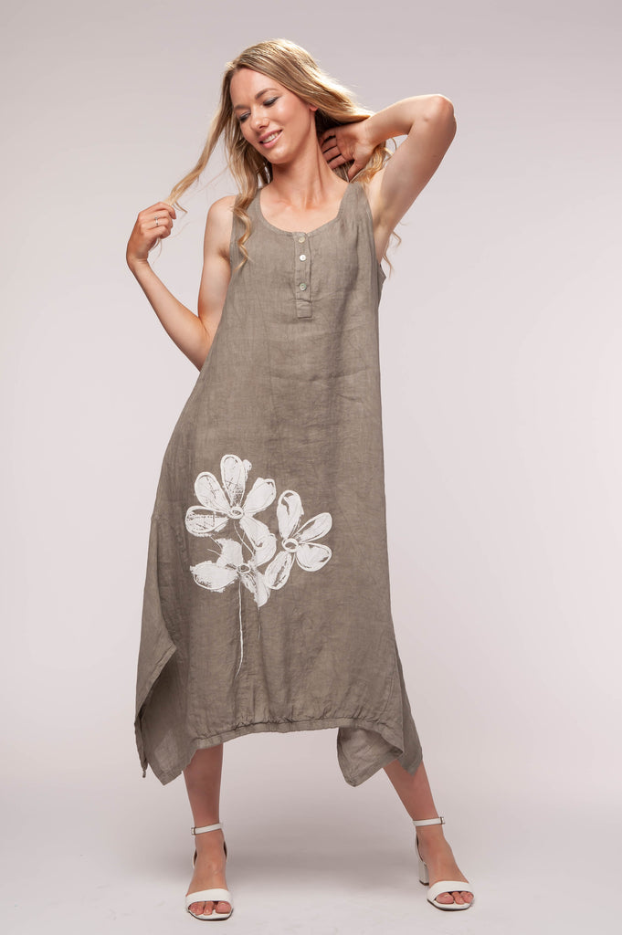  Ladies linen clothing for spring and summer featuring a tank dress with large flower print on bottom corner