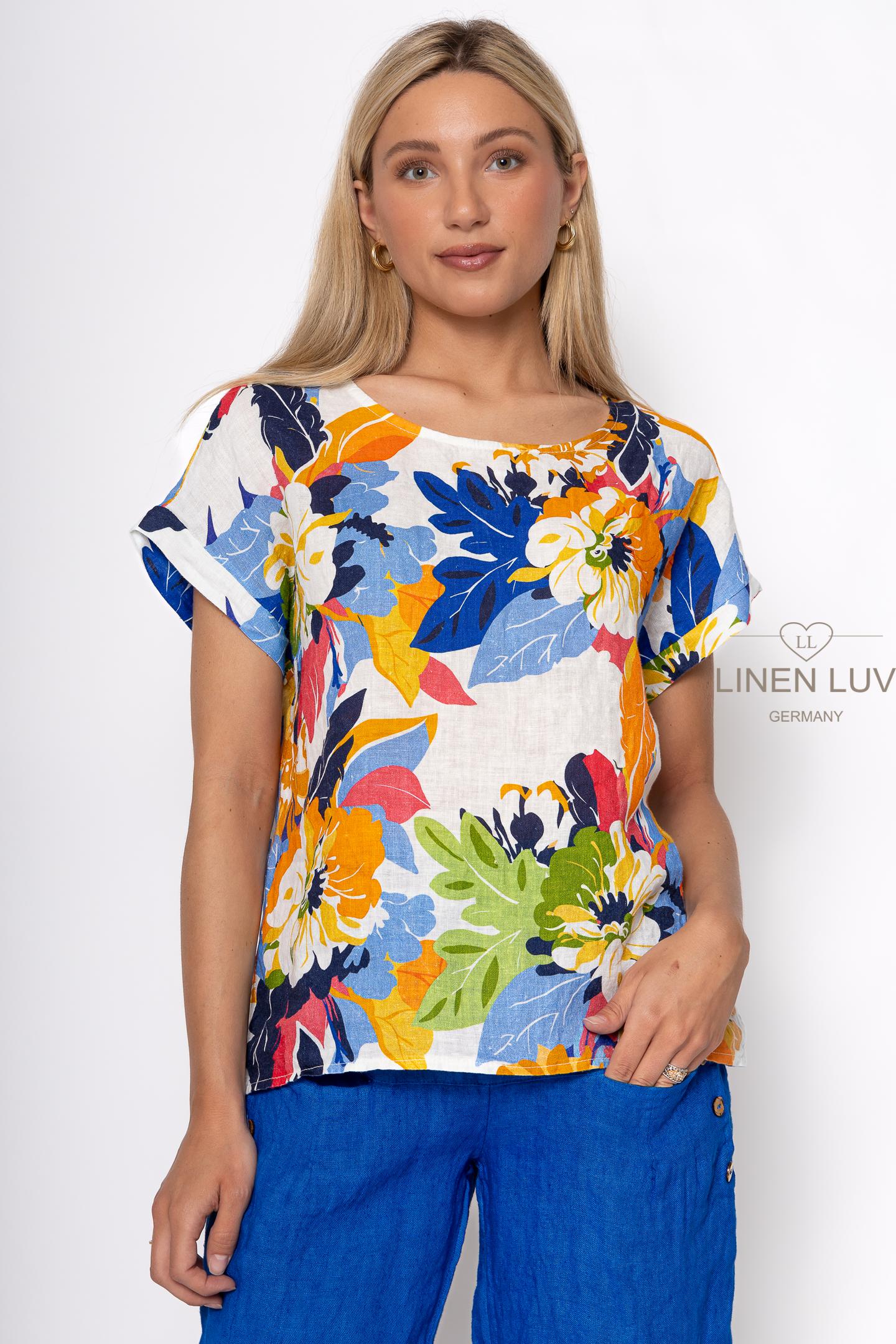 100% Linen, Wide-Neck Colourful Short-Sleeve Blouse
