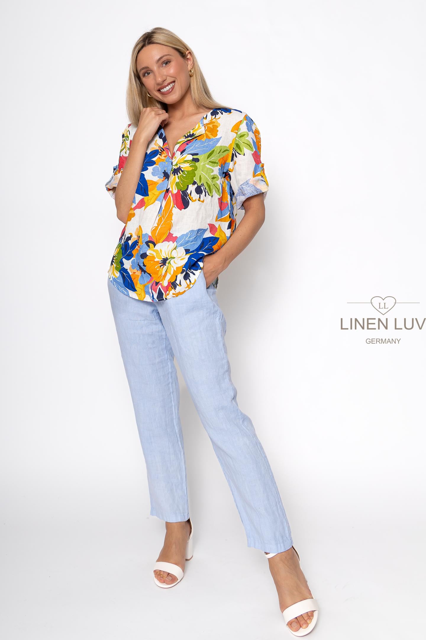 100% Linen, Short Sleeve Colourful Button-Up