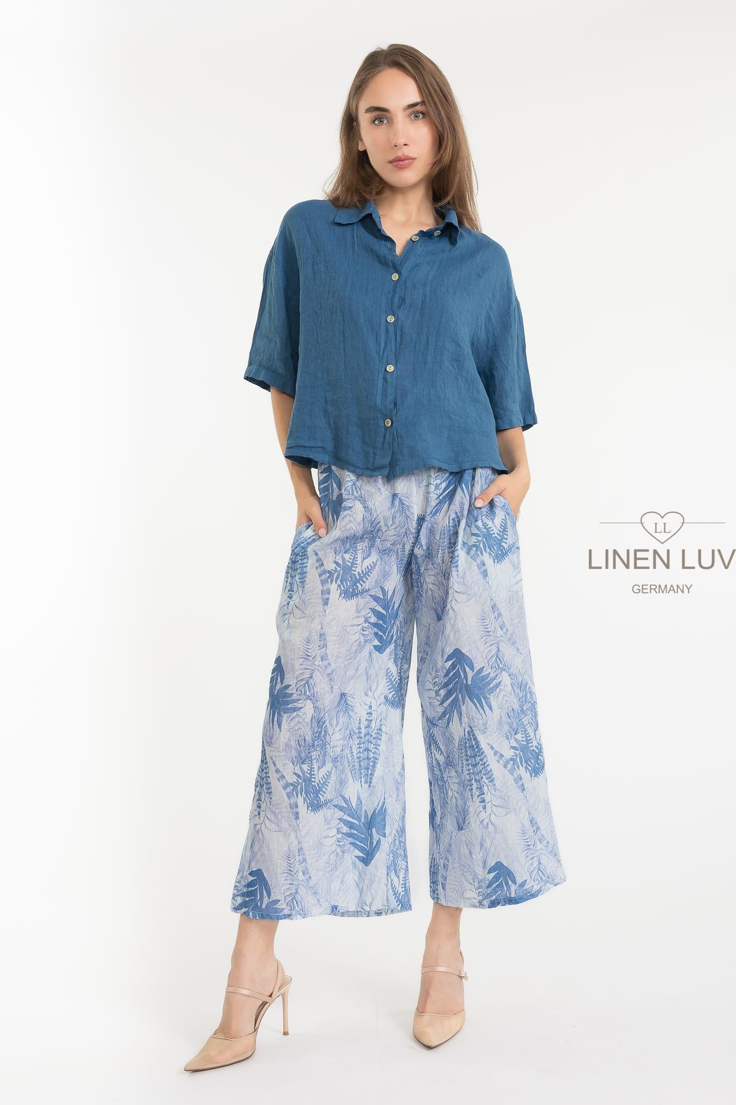 100% Linen Blue Button-Up Blouse