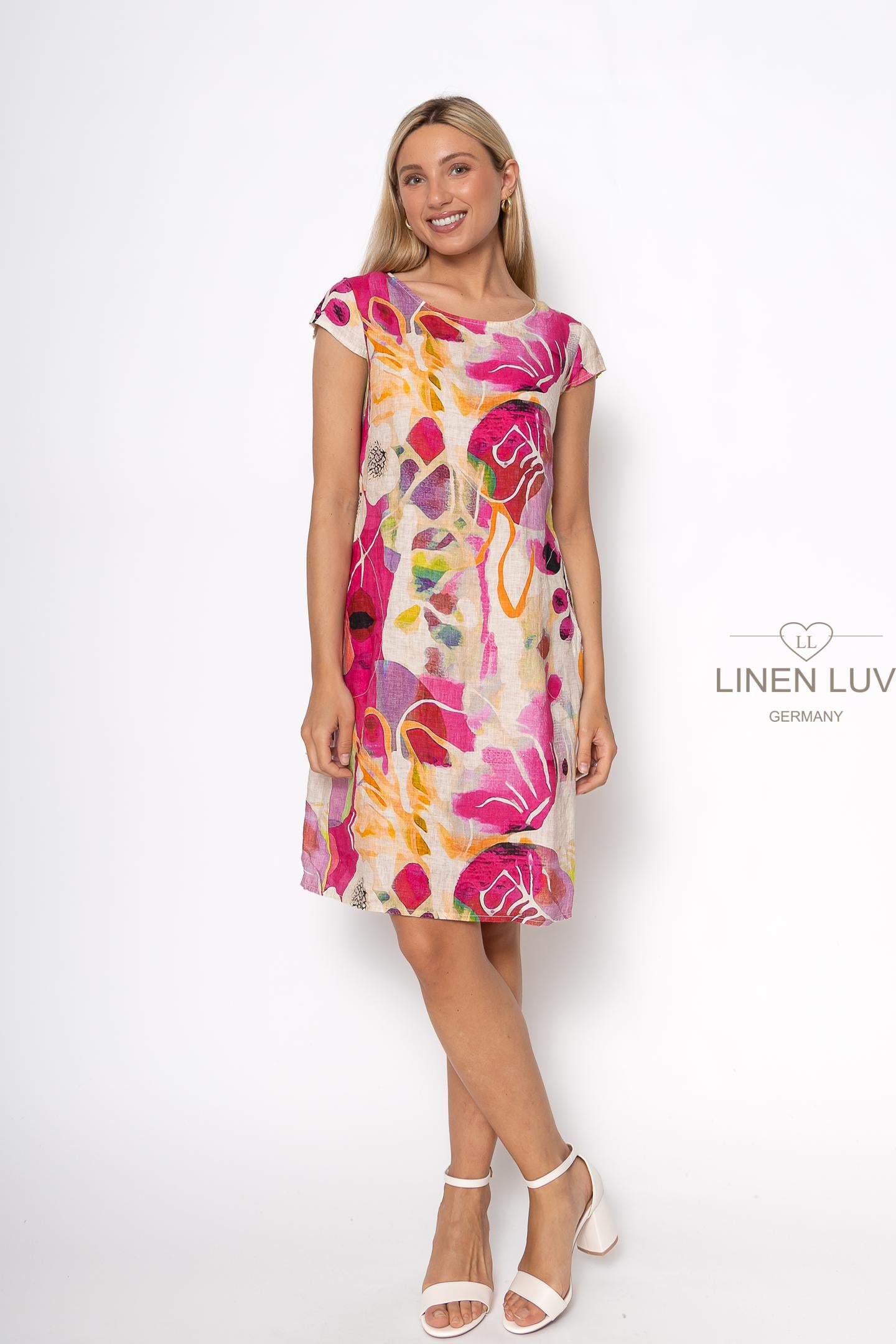 100% Linen, Abstract Floral Lotus Flower Shift Dress with Cap Sleeves