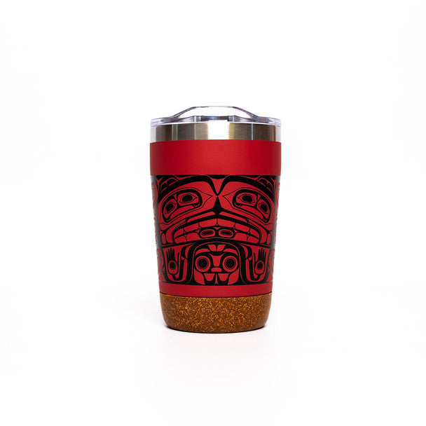 12 oz travel mug with high-quality food grade 304 stainless steel interior, a double wall with BPA-free push-on lid, and a cork base that prevents scratching (Red treasure of our ancestors design)