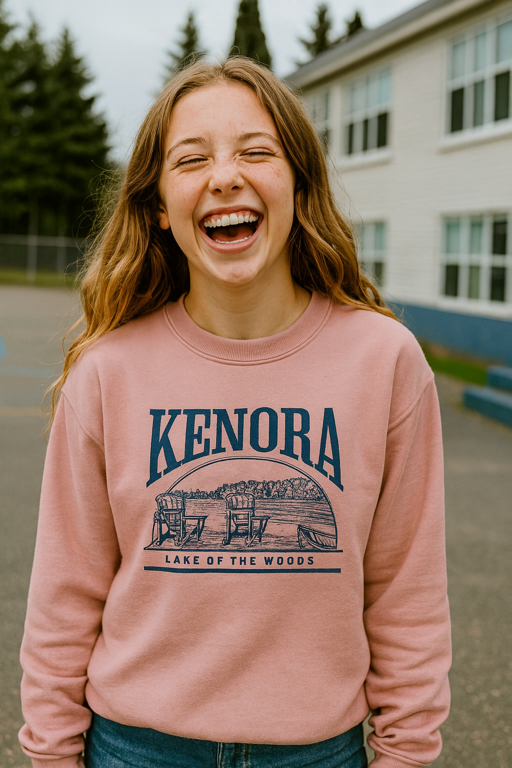 Teenage girl laughing in a schoolyard, wearing a blush pink Kenora crewneck sweatshirt with navy blue vintage Lake of the Woods design featuring Adirondack chairs and canoe by the lake