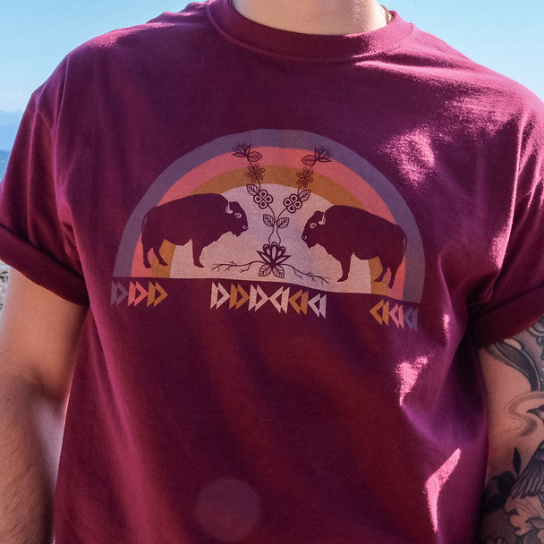 Maroon unisex crewneck t-shirt with a buffalo design by an Indigenous artist