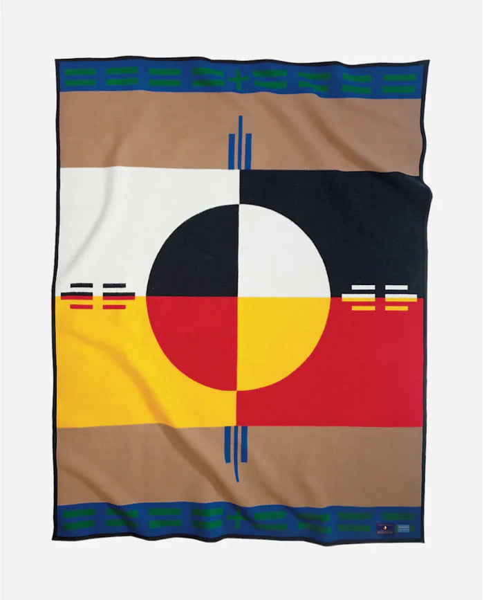 64" x 80" Pendleton blanket made from virgin wool and cotton, circle of life design with various colors