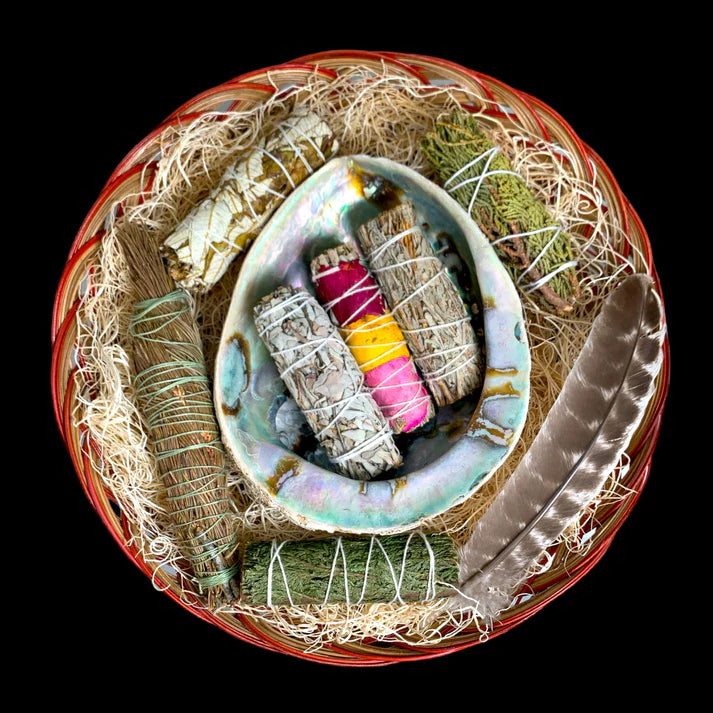 Deluxe Large Smudge Kit in Woven Basket with 6-8 inch Midae Abalone, Feather and Seven Smudge Samplers