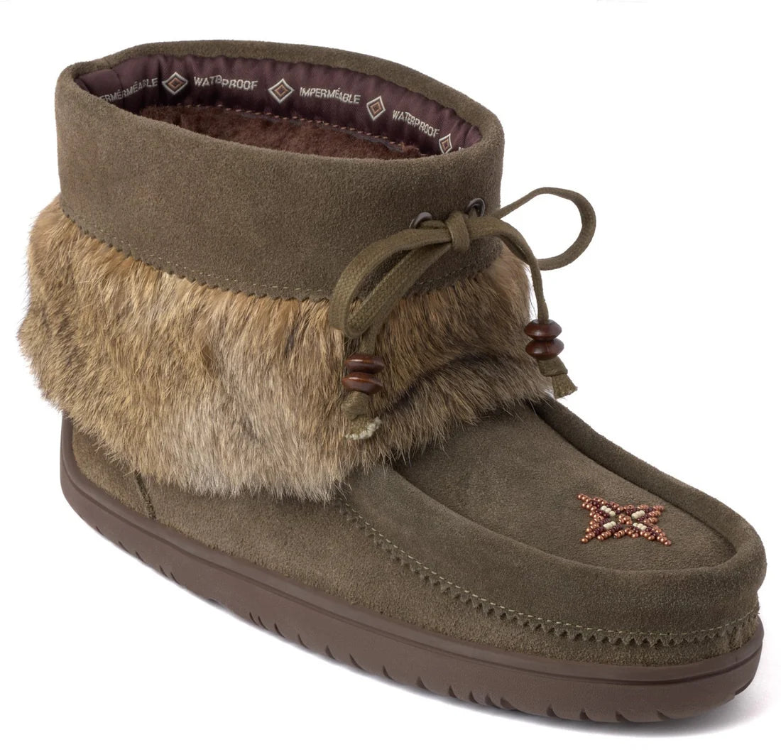 Dark Olive Green suede boot with fur trim on a white background
