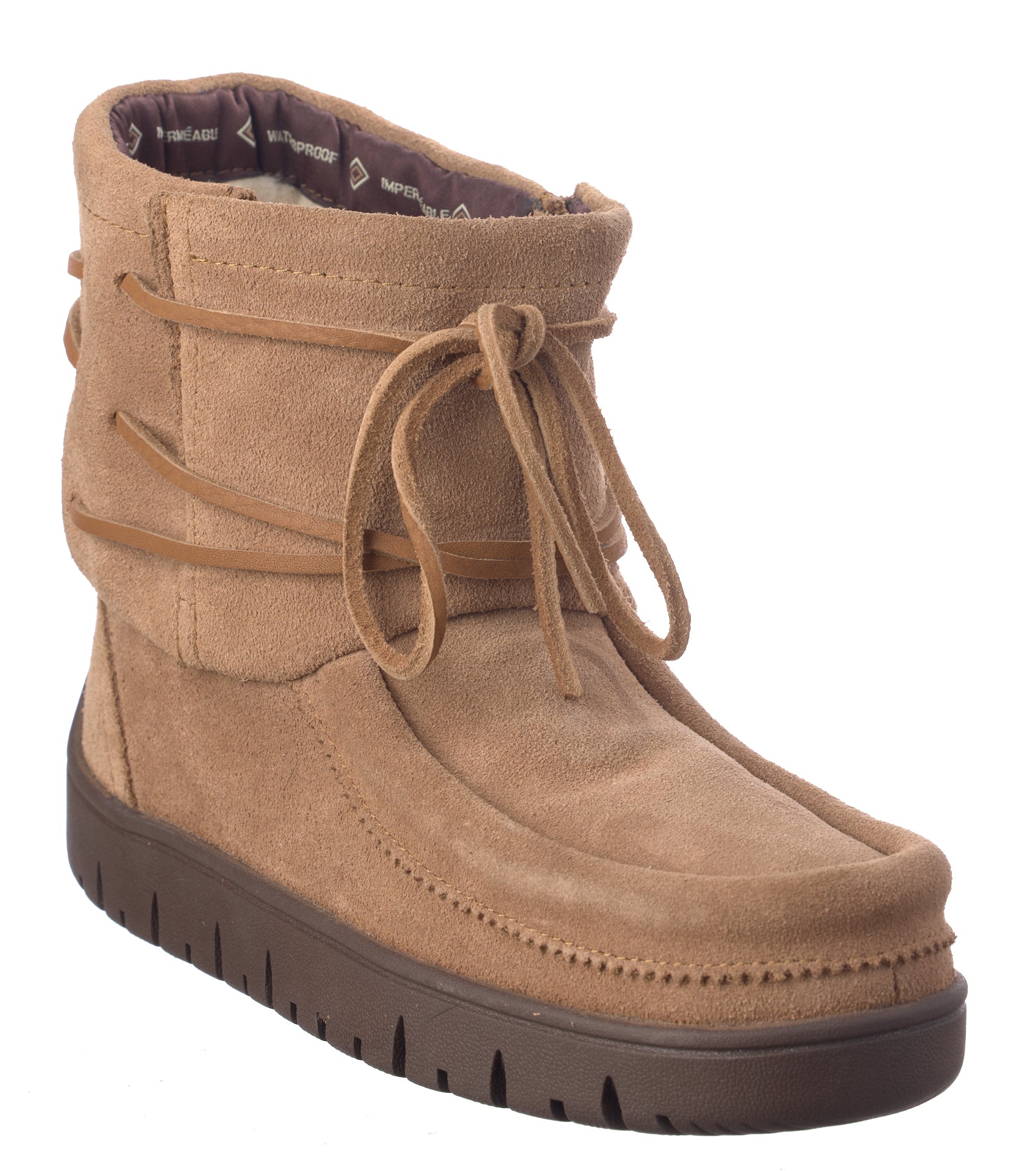 Tan suede boot with laces on a white background