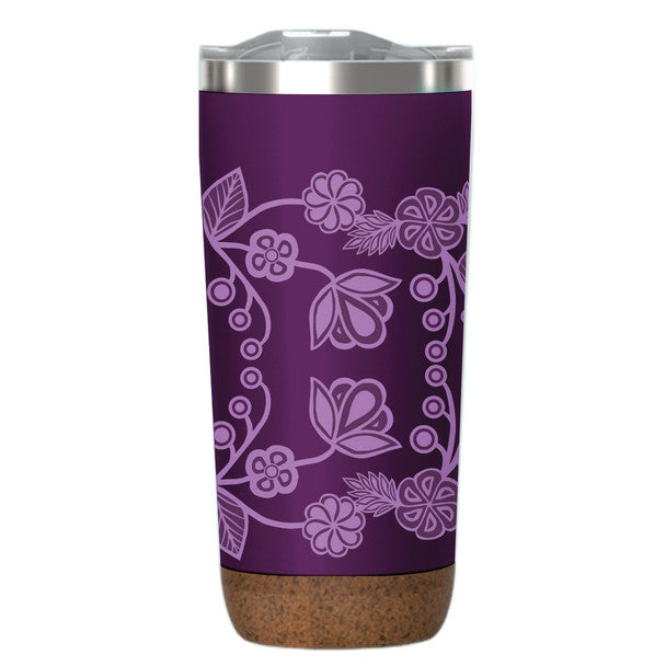 Travel mug with cork bottom featuring beautiful native art of florals in a deep purple.