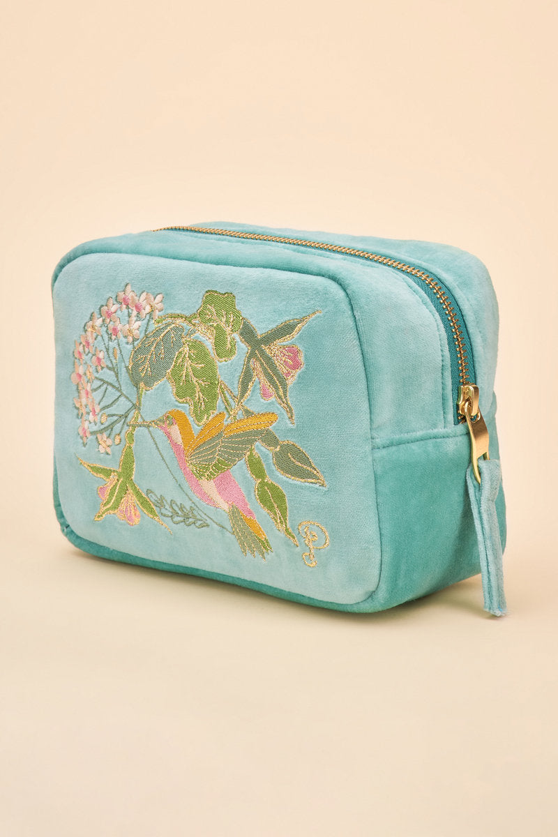 Powder velvet embroidered make up bag aqua blue hummingbird flower design