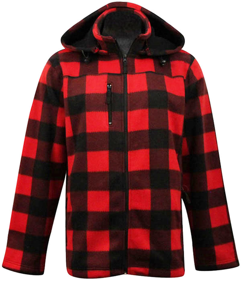 Men's hooded red and black buffalo plaid dinner jacket with zippered pockets