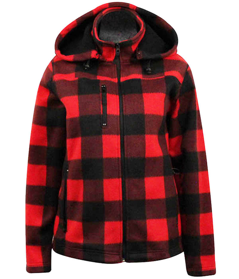 Ladies hooded red and black buffalo plaid dinner jacket with zippered pockets