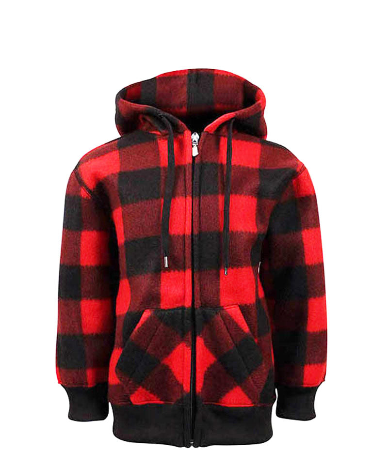 Kids hooded red and black buffalo plaid dinner jacket with black ribbing for hem and cuffs