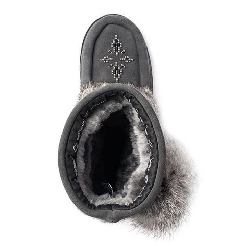 Child charcoal short snowy owl Manitobah Mukluk with beaded design and pom pom on the outside