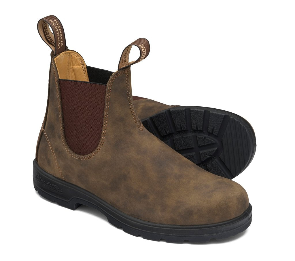 Unisex rustic brown leather blundstone style 585 water-resistant boot.