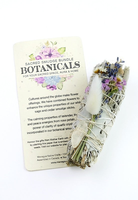  Botanical Natural Smudge Sage-Lavender and Quartz Crystal. Each bundle is accompanied with a plantable paper embedded with wildflower seeds, smudging directions and comes packed in a colored organza pouch. It is a natural, wildly grown herb, the California white sage and cedar bundle sizes will vary   Small Sage 3.5"- 5"  Large Sage 8"-9"  Cedar 4"- 6"