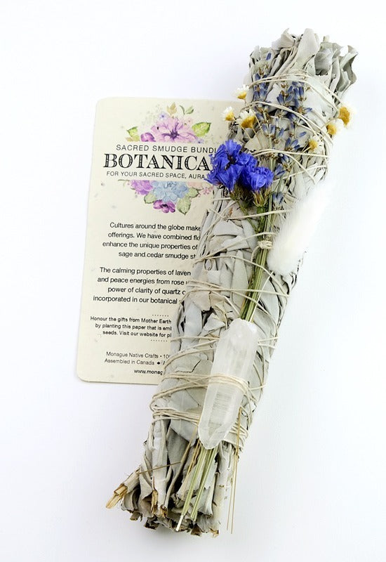 Botanical Natural Smudge Sage-Lavender and Quartz Crystal. Each bundle is accompanied with a plantable paper embedded with wildflower seeds, smudging directions and comes packed in a colored organza pouch. It is a natural, wildly grown herb, the California white sage and cedar bundle sizes will vary Small Sage 3.5"- 5" Large Sage 8"-9" Cedar 4"- 6"