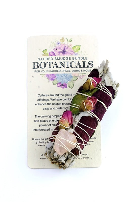 Each bundle is accompanied with a plantable paper embedded with wildflower seeds, smudging directions and comes packed in a colored organza pouch. It is a natural, wildly grown herb, the California white sage and cedar bundle sizes will vary   Small Sage 3.5"- 5"  Large Sage 8"-9"  Cedar 4"- 6"