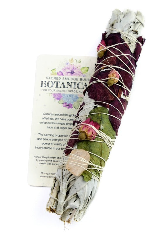 Each bundle is accompanied with a plantable paper embedded with wildflower seeds, smudging directions and comes packed in a colored organza pouch. It is a natural, wildly grown herb, the California white sage and cedar bundle sizes will vary Small Sage 3.5"- 5" Large Sage 8"-9" Cedar 4"- 6"