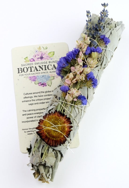 Each bundle is accompanied with a plantable paper embedded with wildflower seeds, smudging directions and comes packed in a colored organza pouch. It is a natural, wildly grown herb, the California white sage and cedar bundle sizes will vary Small Sage 3.5"- 5" Large Sage 8"-9" Cedar 4"- 6"
