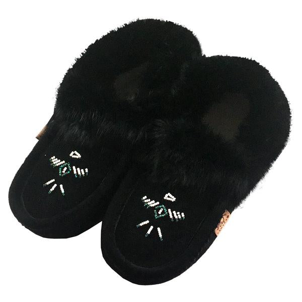 Ladies black moccasin with beaded design and black rabbit fir trim