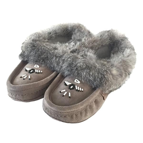 Ladies grey moccasin with beaded design and grey rabbit fir trim